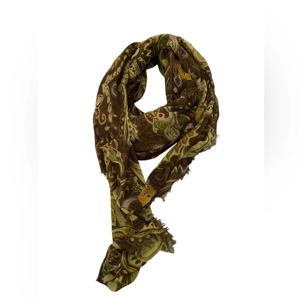 Large Women’s Scarf Poss Silk Green Brown Paisley‎  70x 43